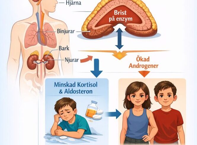 Kongenital binjurebarkshyperplasi (CAH) orsakas av enzymbrist i binjurarna, vilket leder till hormonell obalans och kan påverka både barn och vuxna. Foto: AI-genererad